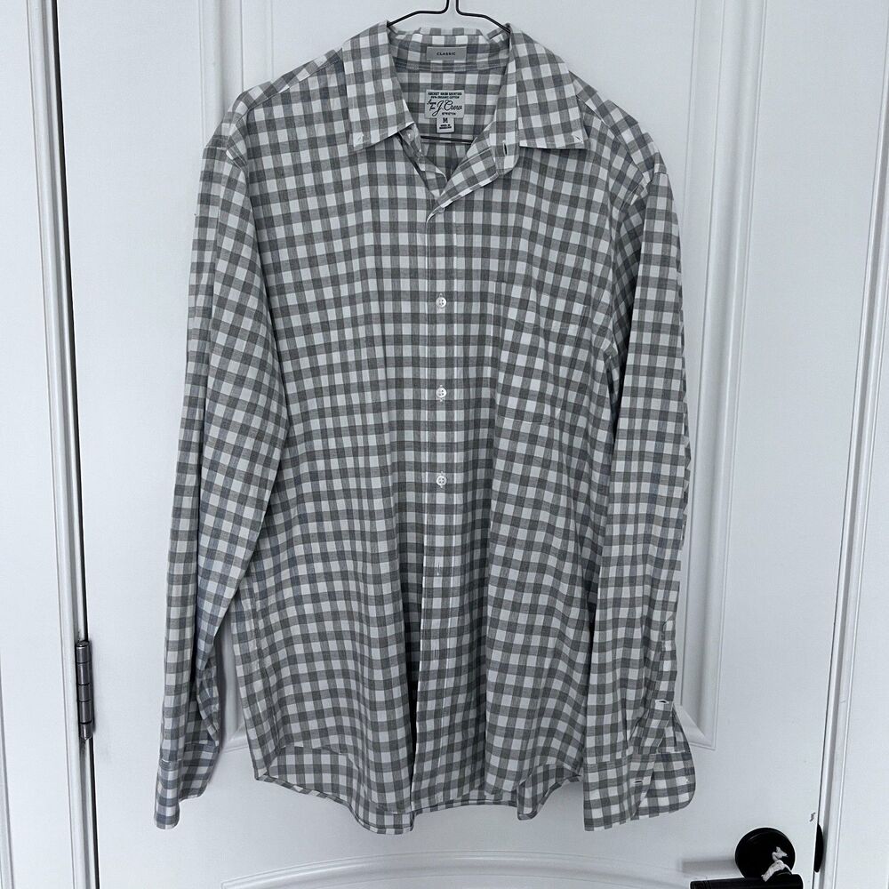 J.Crew Secret Wash Classic Fit Stretch Gingham Check Shirt M Gray White Organic